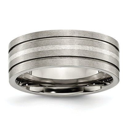 Titan/silver Bicolor Titan Gebürstet Sterlingsilber Einlage 8mm Gerillt Ring