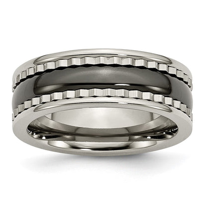 Titan Sawtooth Akzente/polished Schwarz Keramik Mittig 8mm Ring (size 7 Nur)