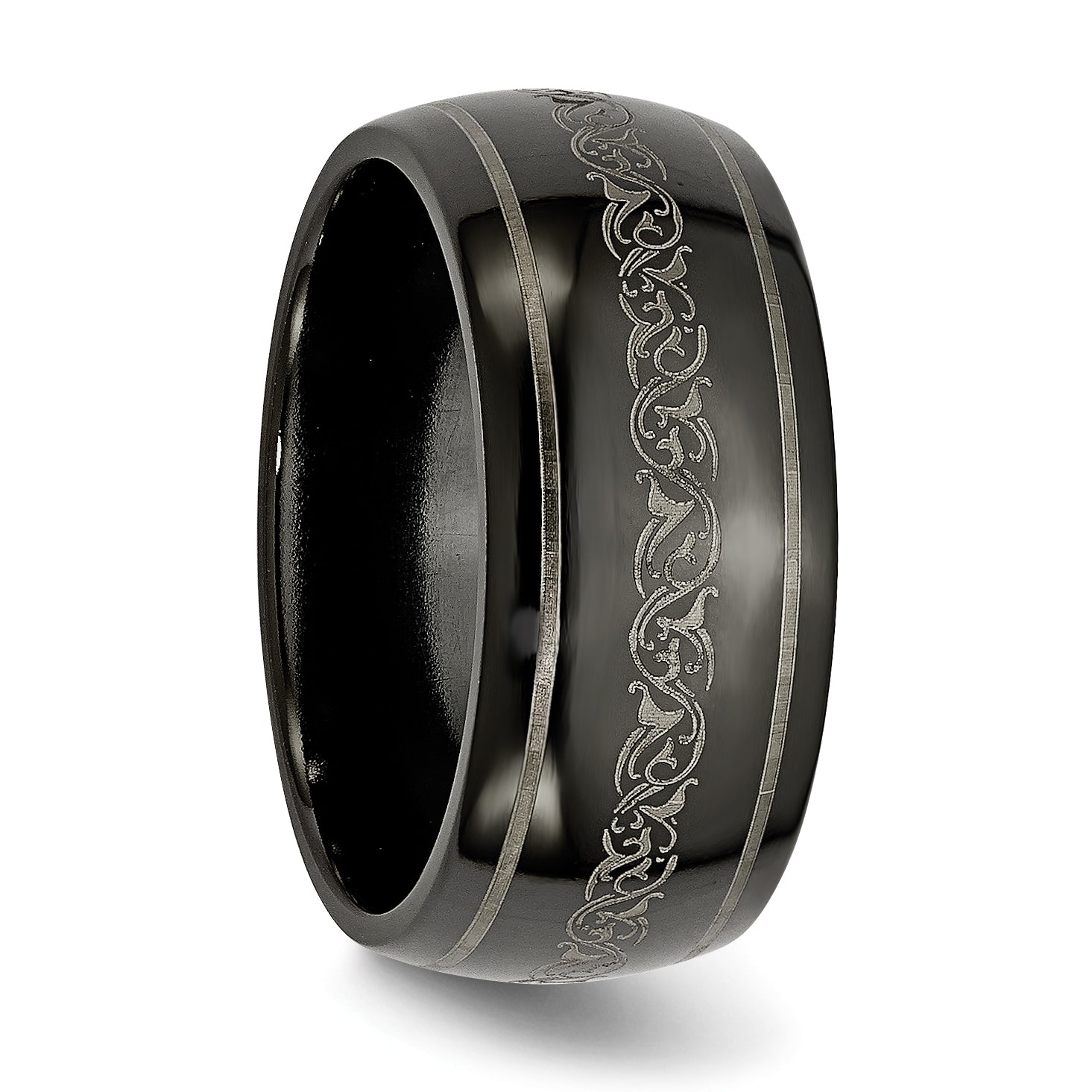 Titan Schwarz Ti Gewölbt mit Lasergraviert Muster 10mm Poliert Ring