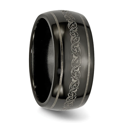 Titan Schwarz Ti Gewölbt mit Lasergraviert Muster 10mm Poliert Ring