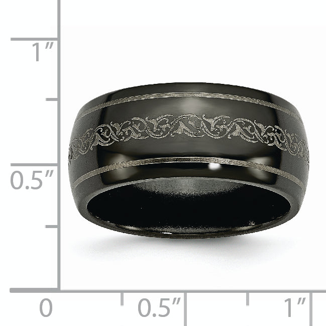 Titan Schwarz Ti Gewölbt mit Lasergraviert Muster 10mm Poliert Ring