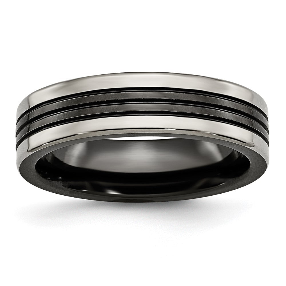 Titan Schwarz Ti mit Grau Edges 6mm Gerillt und Poliert Ring