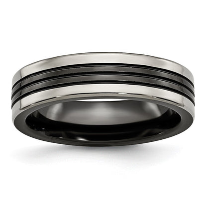 Titan Schwarz Ti mit Grau Edges 6mm Gerillt und Poliert Ring