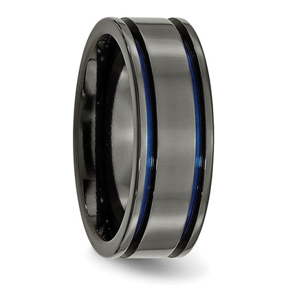 Titan Schwarz Ti Poliert Blau Anodized 8mm Gerillt Ring (size 7 Nur)