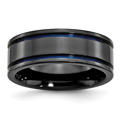 Titan Schwarz Ti Poliert Blau Anodized 8mm Gerillt Ring (size 7 Nur)