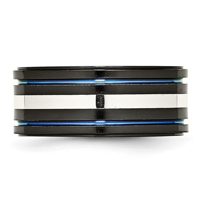 Titan/silver Bicolor Titan Schwarz Ti Mit/ Sterlingsilber Einlage Blau Anodized 10mm Ring
