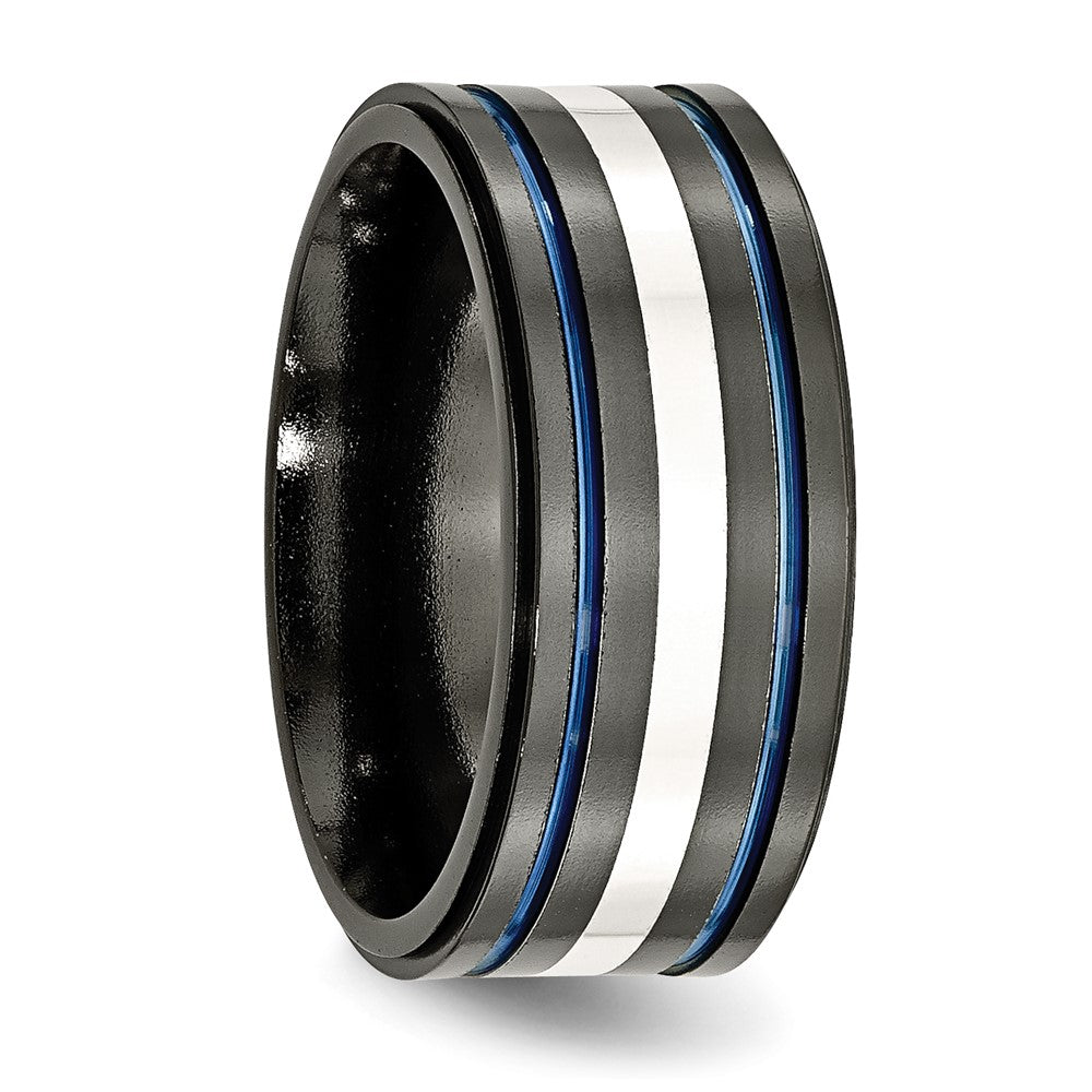 Titan/silver Bicolor Titan Schwarz Ti Mit/ Sterlingsilber Einlage Blau Anodized 10mm Ring