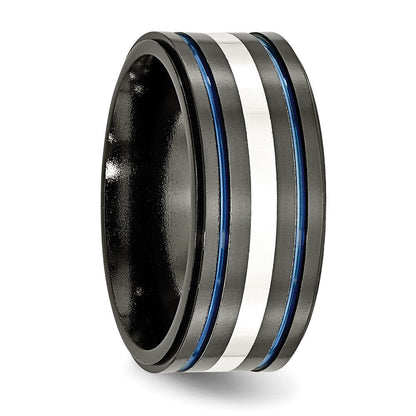 Titan/silver Bicolor Titan Schwarz Ti Mit/ Sterlingsilber Einlage Blau Anodized 10mm Ring