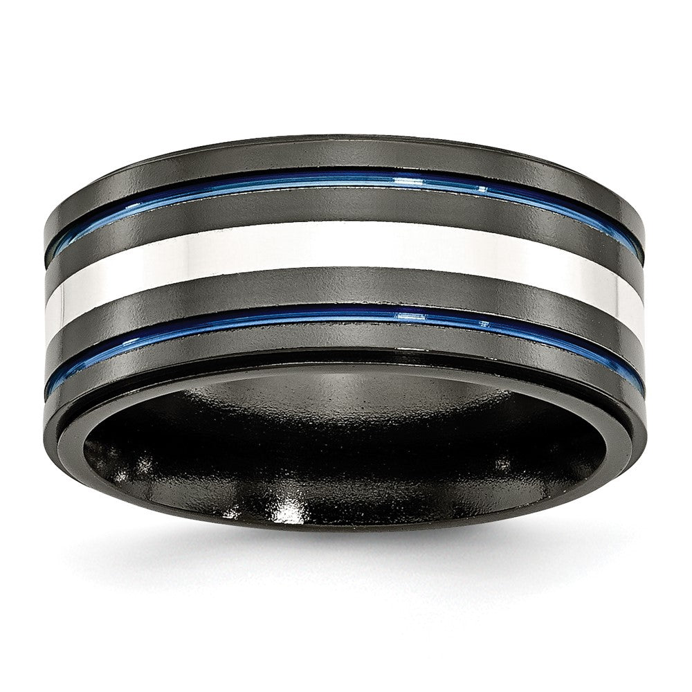 Titan/silver Bicolor Titan Schwarz Ti Mit/ Sterlingsilber Einlage Blau Anodized 10mm Ring