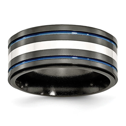 Titan/silver Bicolor Titan Schwarz Ti Mit/ Sterlingsilber Einlage Blau Anodized 10mm Ring