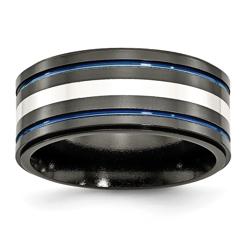 Titan/silver Bicolor Titan Schwarz Ti Mit/ Sterlingsilber Einlage Blau Anodized 10mm Ring