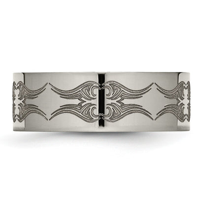 Titan Poliert Lasergraviert Design 8mm Flach Ring (size 10.5 Nur)