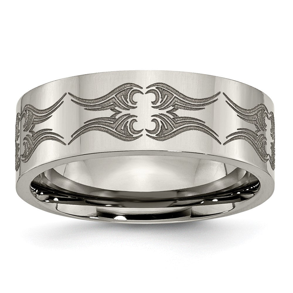 Titan Poliert Lasergraviert Design 8mm Flach Ring (size 10.5 Nur)