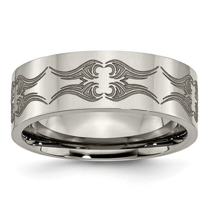Titan Poliert Lasergraviert Design 8mm Flach Ring (size 10.5 Nur)