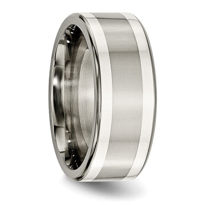 Titan/silver Bicolor Titan mit Argentium.925 Silber Einlage 9mm Poliert Flach Ring (size 9.5 Nur)