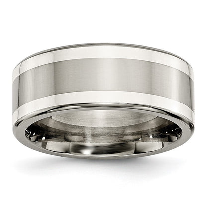 Titan/silver Bicolor Titan mit Argentium.925 Silber Einlage 9mm Poliert Flach Ring (size 9.5 Nur)