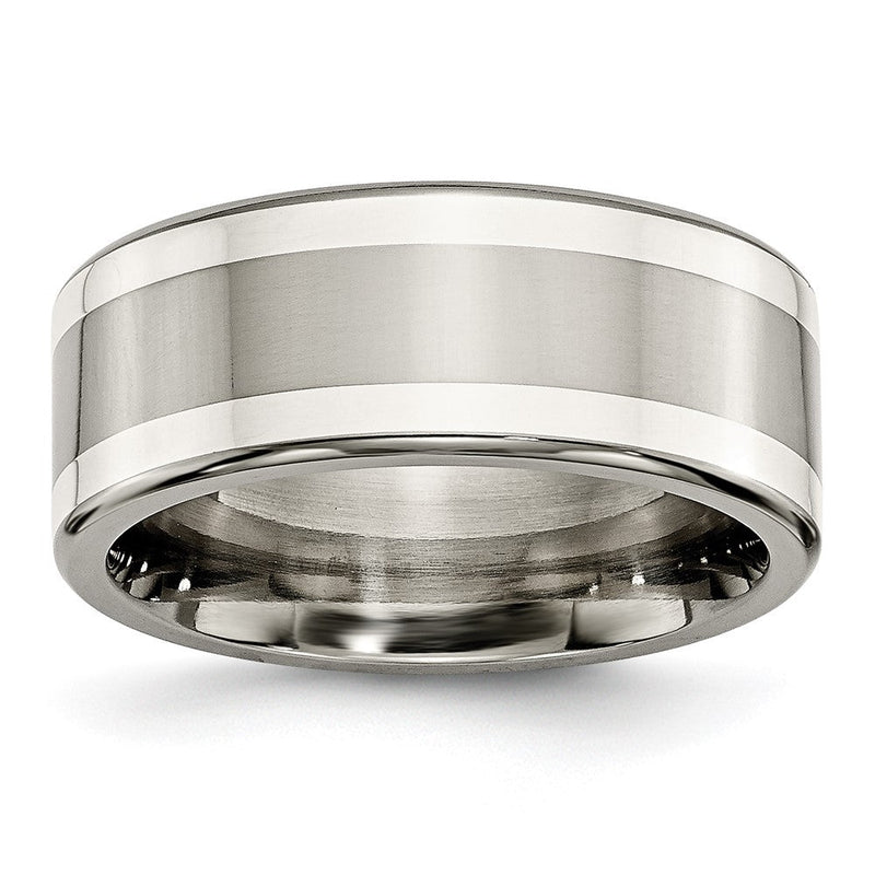 Titan/silver Bicolor Titan mit Argentium.925 Silber Einlage 9mm Poliert Flach Ring (size 9.5 Nur)