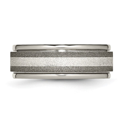 Titan/silver Bicolor Titan Gerillt Sterlingsilber Einlage 8mm Satiniert und Poliert Ring (size 14.5 Nur)