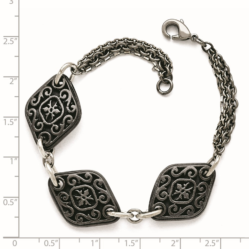 Titan/silver Bicolor Titan Sterlingsilber Schwarz Ti Poliert & Geätzt 3 Charm Armband