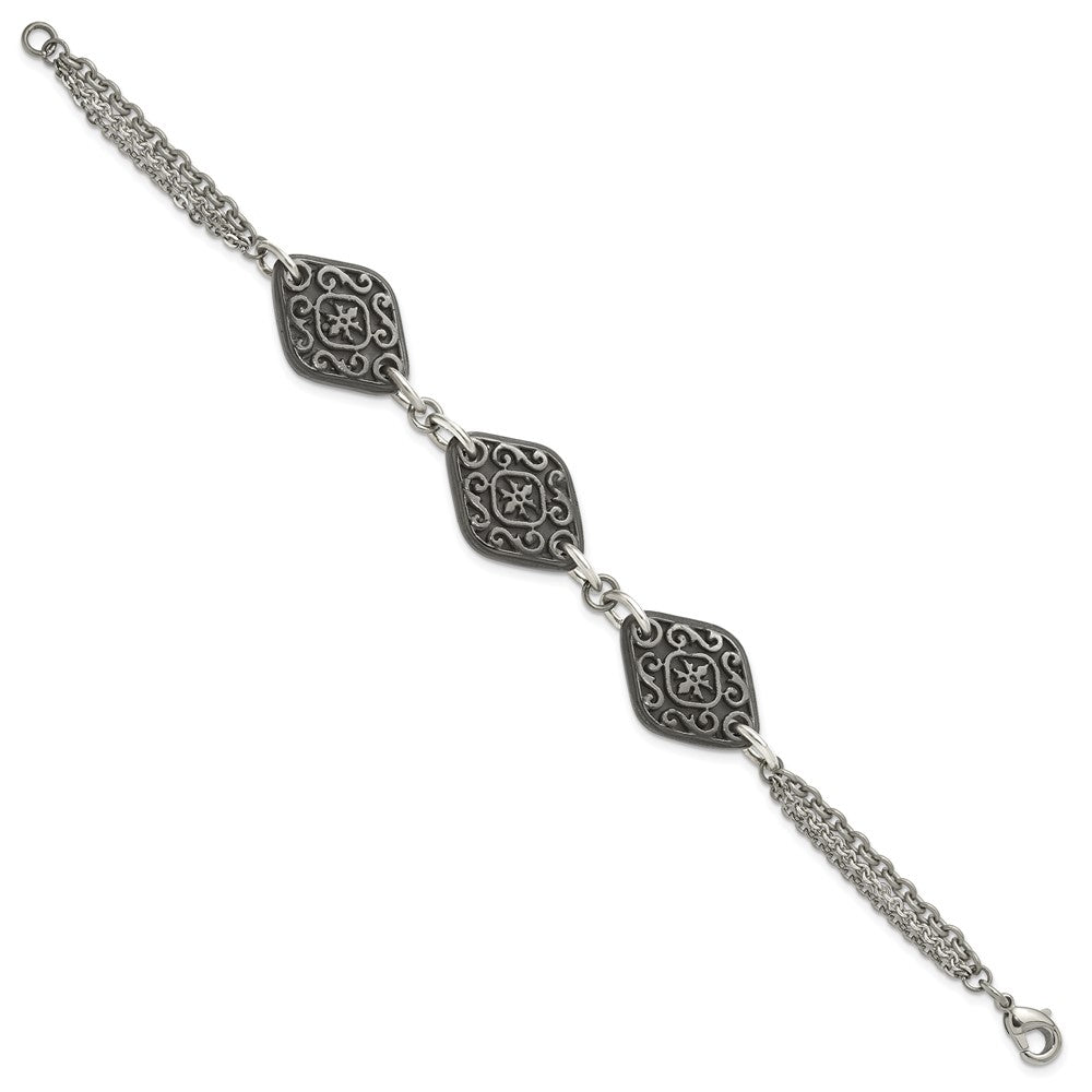 Titan/silver Bicolor Titan Sterlingsilber Schwarz Ti Poliert & Geätzt 3 Charm Armband