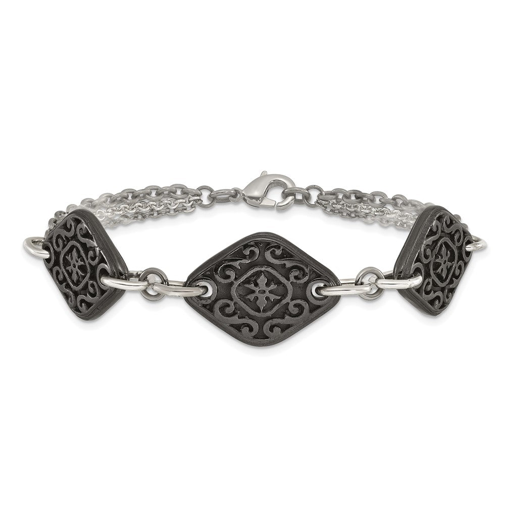 Titan/silver Bicolor Titan Sterlingsilber Schwarz Ti Poliert & Geätzt 3 Charm Armband