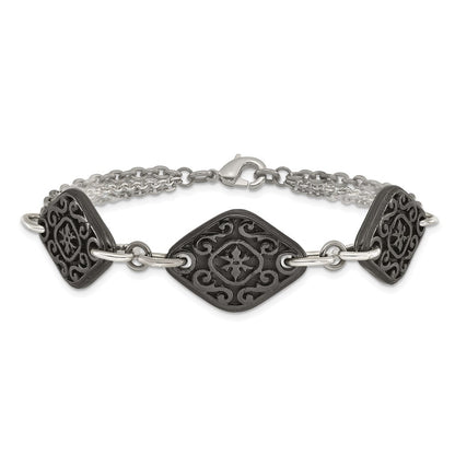 Titan/silver Bicolor Titan Sterlingsilber Schwarz Ti Poliert & Geätzt 3 Charm Armband