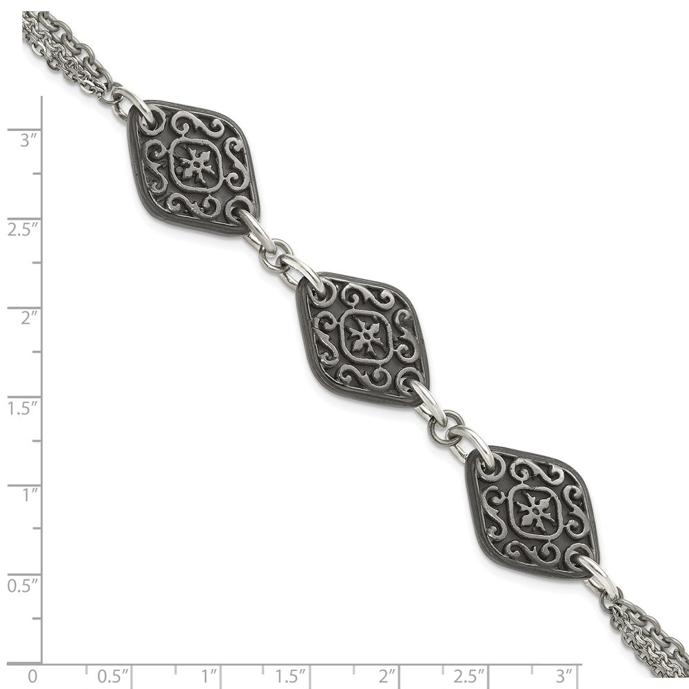 Titan/silver Bicolor Titan Sterlingsilber Schwarz Ti Poliert & Geätzt 3 Charm Armband
