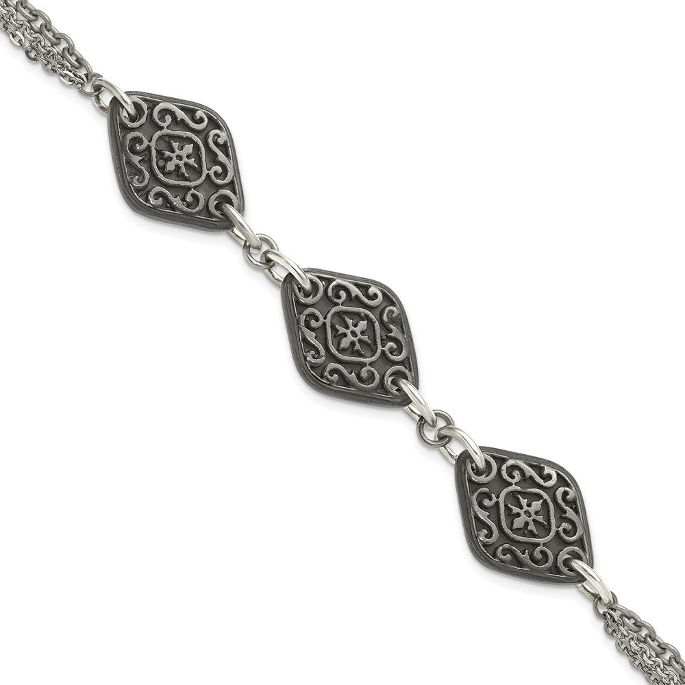 Titan/silver Bicolor Titan Sterlingsilber Schwarz Ti Poliert & Geätzt 3 Charm Armband