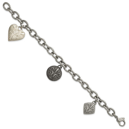 Titan/silver Bicolor Titan & Sterlingsilber Schwarz Ti Poliert Geätzt Charm Armband