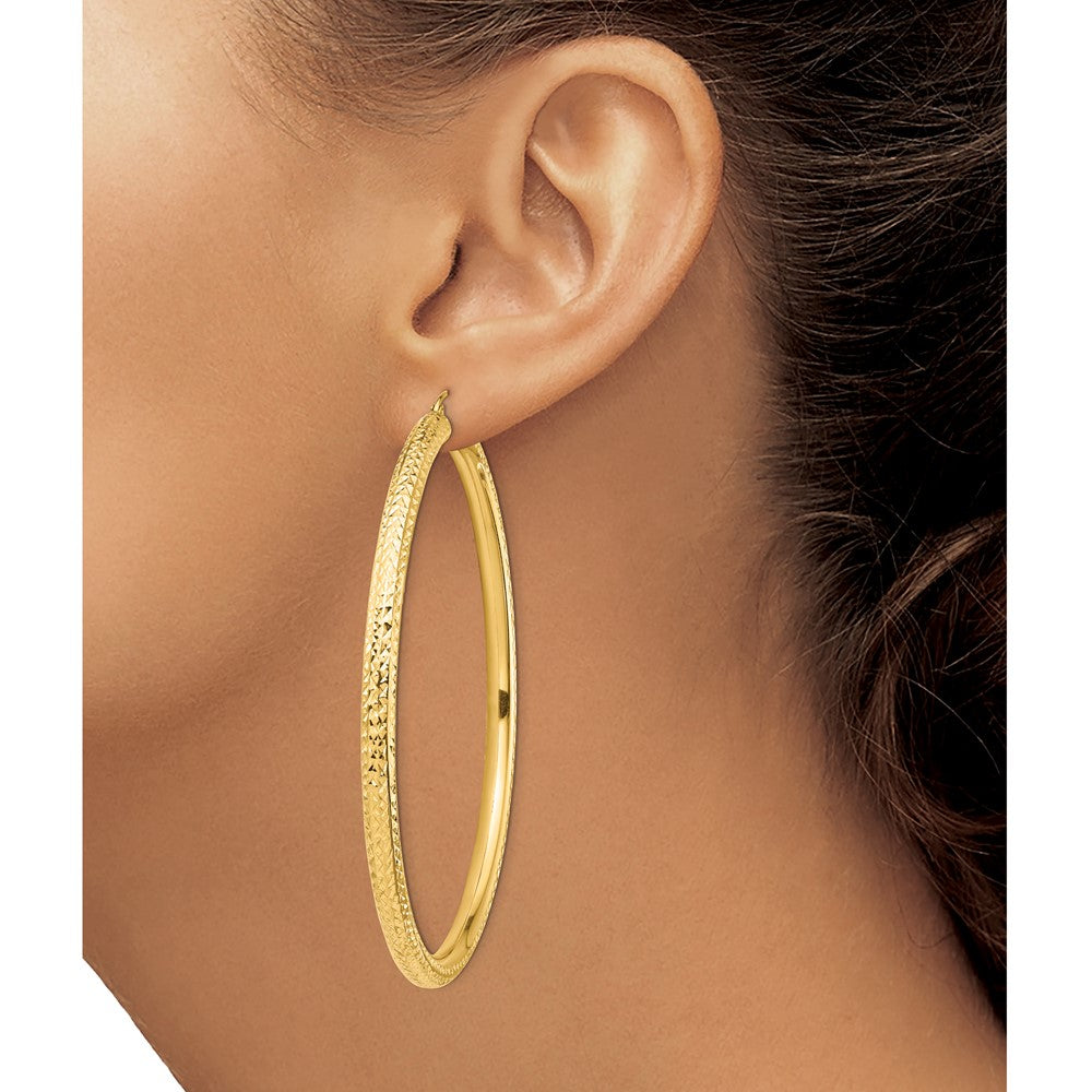 14K Gelbgold Diamantiert 4x70mm Leicht Rund Röhre Creolen