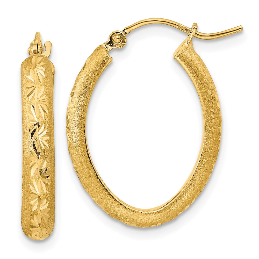 14K Gelbgold Poliert und Satiniert Diamantiert Oval Creolen