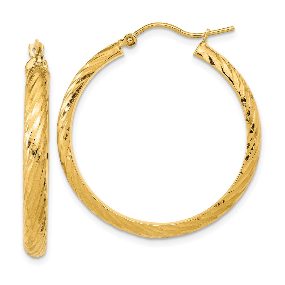 14K Gelbgold Poliert Diamantiert Gedreht Muster Creolen