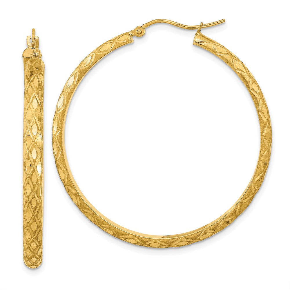14K Gelbgold Poliert und Satiniert Diamantiert Diamant Muster Creolen
