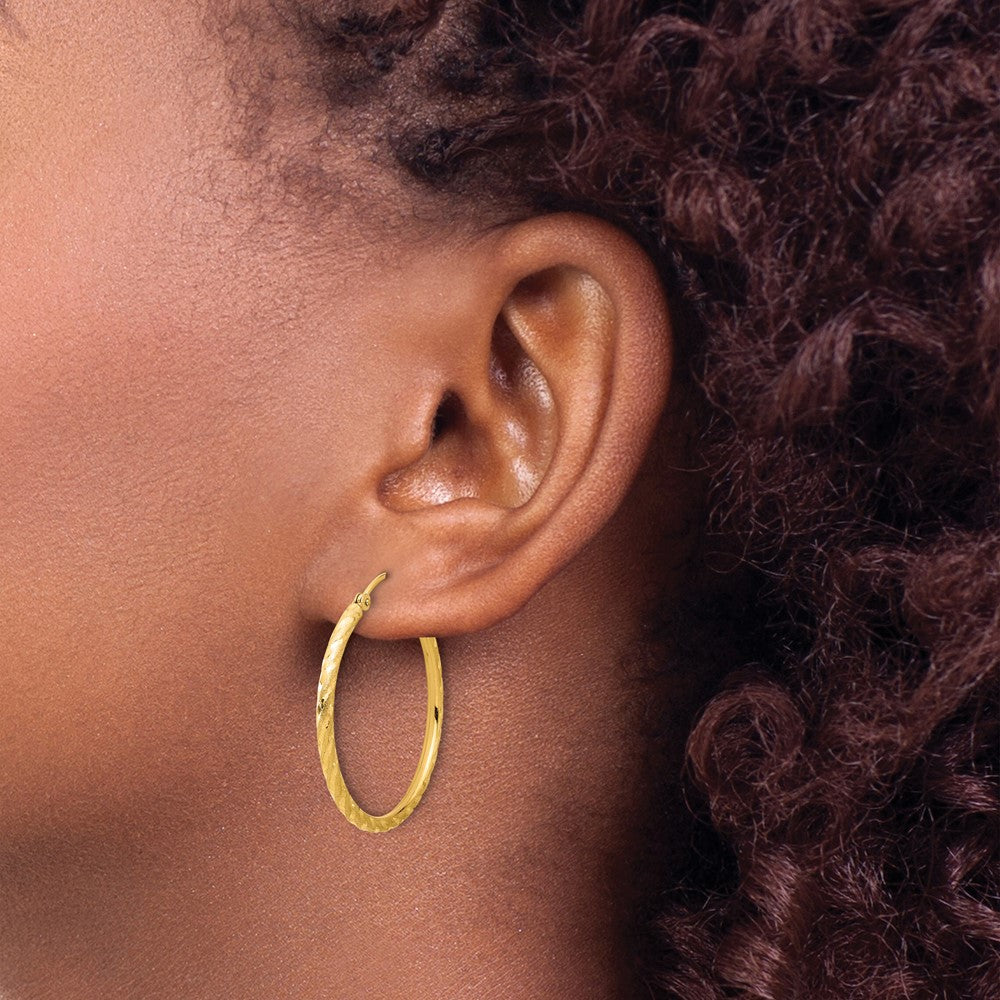 14K Gelbgold Poliert und Satiniert Diamantiert 2.00mm Creolen