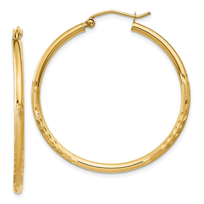 14K Gelbgold Satiniert und Diamantiert 2mm Rund Röhre Creolen