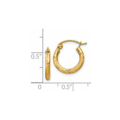 14K Gelbgold Satiniert und Diamantiert 2mm Rund Röhre Creolen