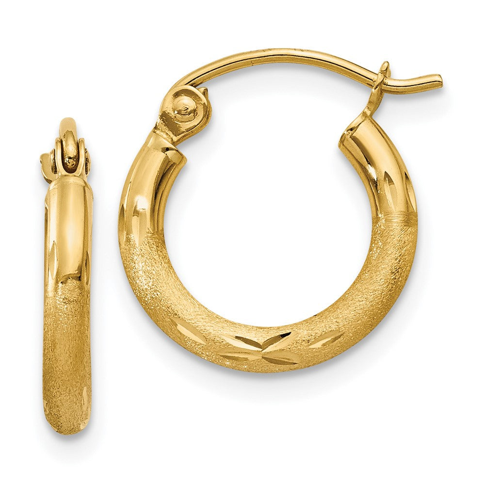 14K Gelbgold Satiniert und Diamantiert 2mm Rund Röhre Creolen