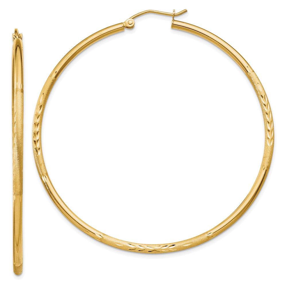 14K Gelbgold Satiniert und Diamantiert 2mm Rund Röhre Creolen