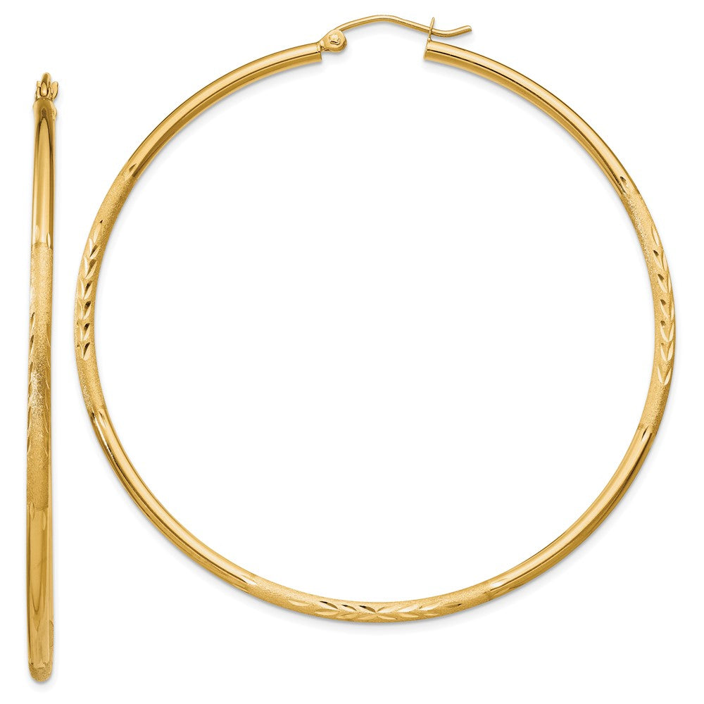 14K Gelbgold Satiniert und Diamantiert 2mm Rund Röhre Creolen