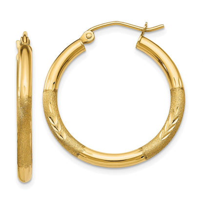 14K Gelbgold Satiniert und Diamantiert 2.5mm Rund Creolen