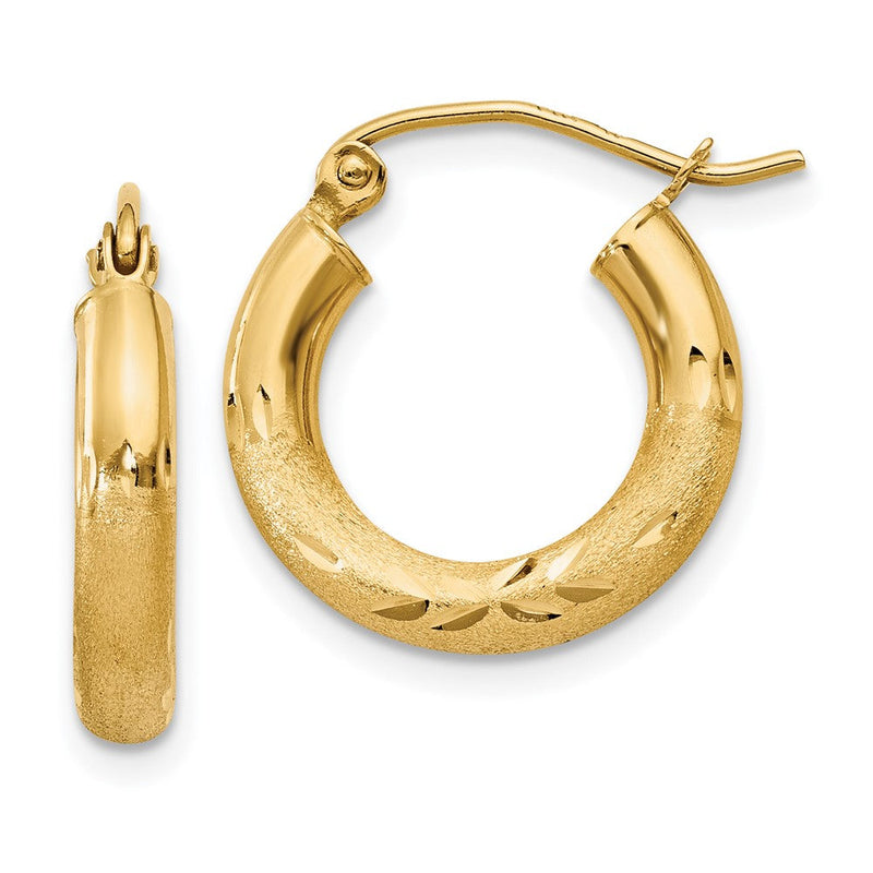 14K Gelbgold Satiniert und Diamantiert 3mm Rund Creolen