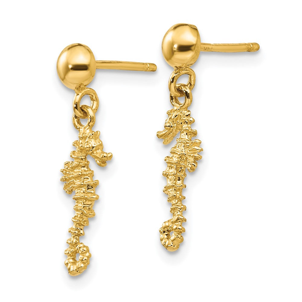 14K Gelbgold 3-d Mini Seepferdchen Hängend Ohrstecker