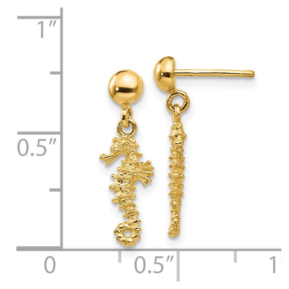 14K Gelbgold 3-d Mini Seepferdchen Hängend Ohrstecker
