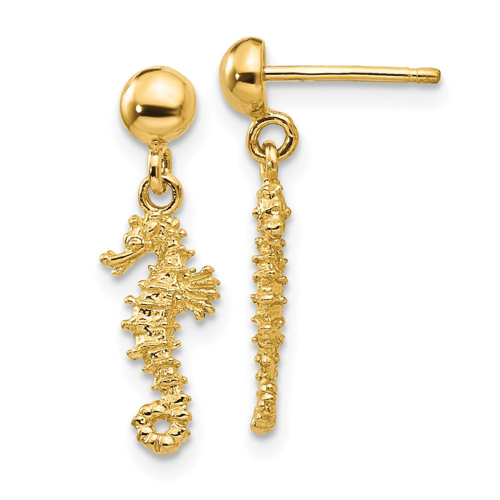 14K Gelbgold 3-d Mini Seepferdchen Hängend Ohrstecker