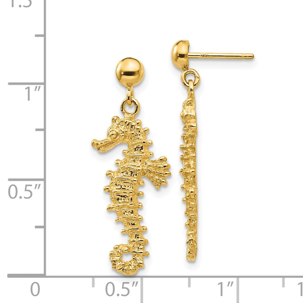 14K Gelbgold Groß Seepferdchen Hängend Ohrstecker