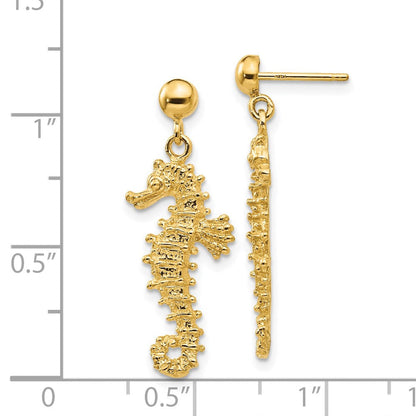 14K Gelbgold Groß Seepferdchen Hängend Ohrstecker