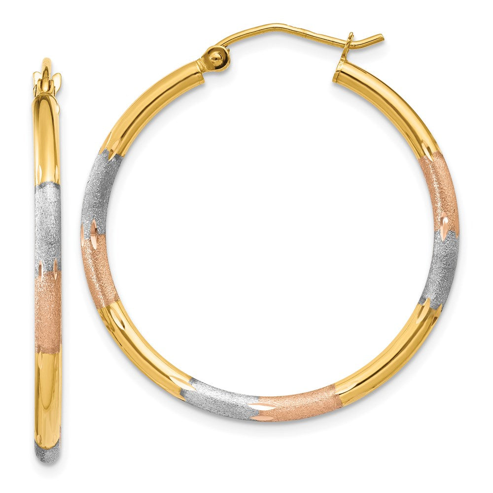 14K Tricolor-Gold Ohrringe, diamantgeschliffen, 2 mm