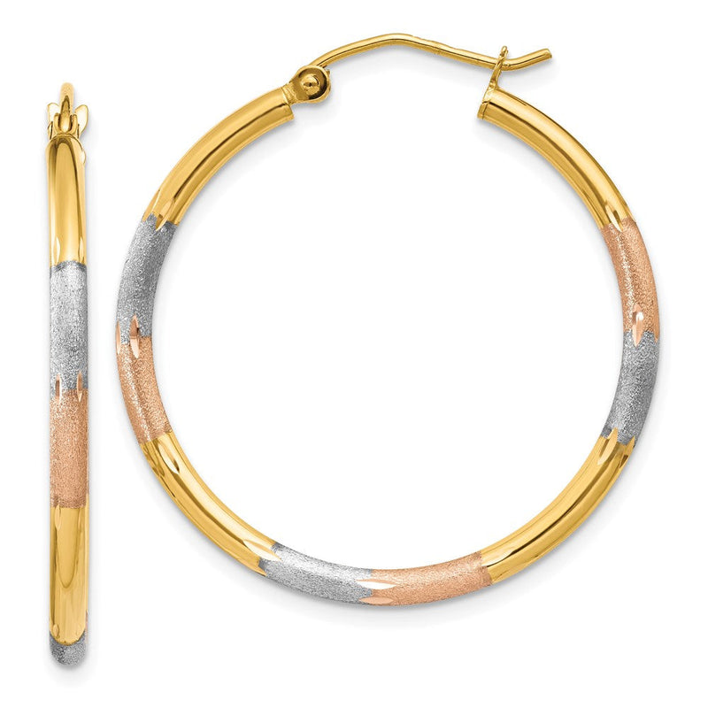 14K Tricolor-Gold Ohrringe, diamantgeschliffen, 2 mm