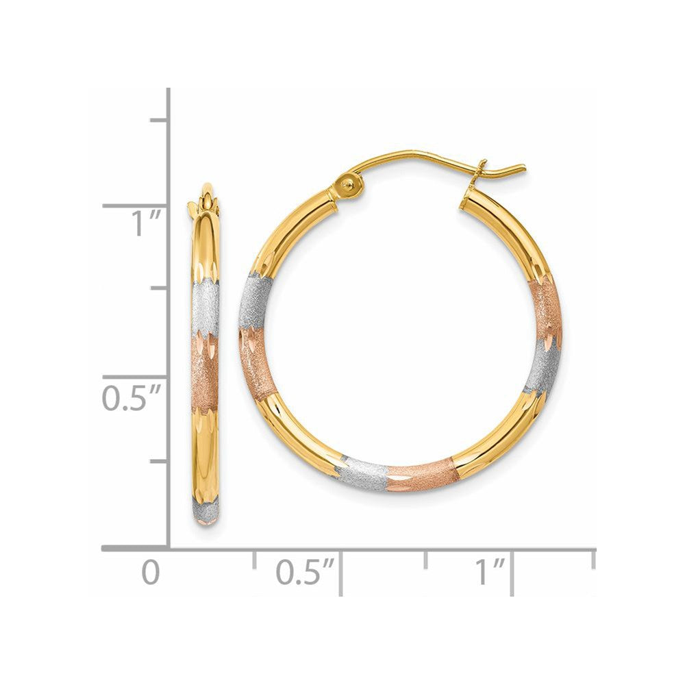14K Gelb & Rhodium mit Weiß und Rose 2mm Satiniert Diamantiert Creolen