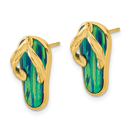 14K Gelbgold poliert mit synthetischem blauem Opal Flip-Flop Ohrstecker